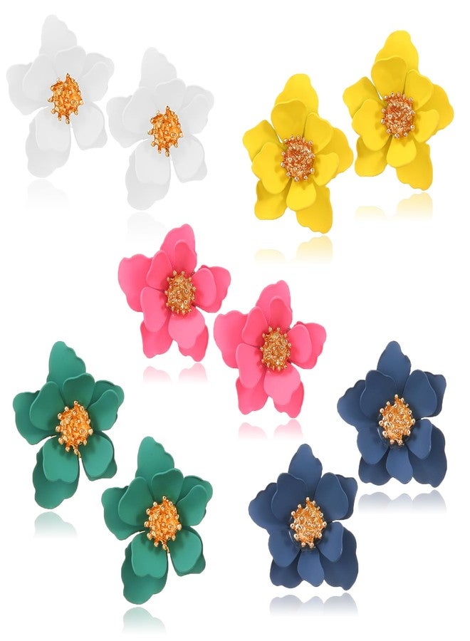 Mintolex Summer Beach Flower Earrings for Women Boho Matte Stud Earrings Layered Floral Petals Earrings with Gold Flower Bud Pink Blue White Yellow Green Pack of 5 Pairs - Image 1